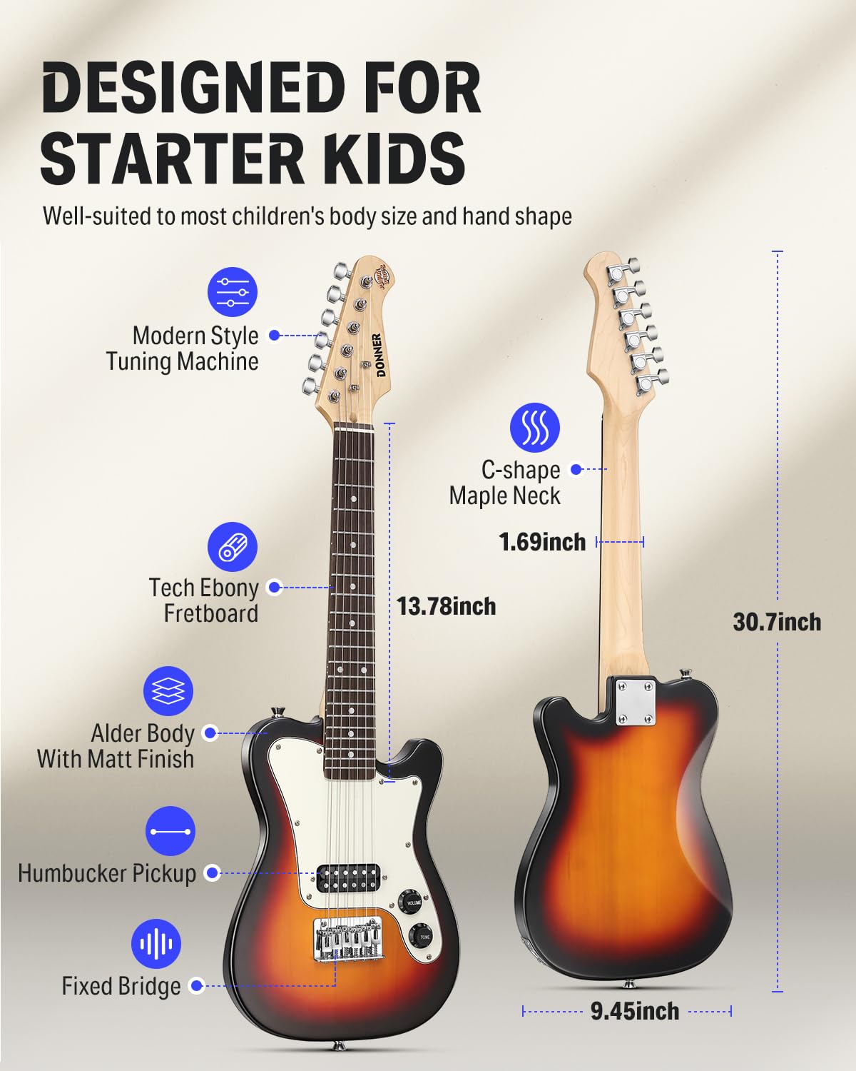 Donner 30 Inch Kids Electric Guitar Beginner Kit TL Style Mini Electric Guitar for Kids with Amp, 600D Bag, Tuner, Picks, Cable,